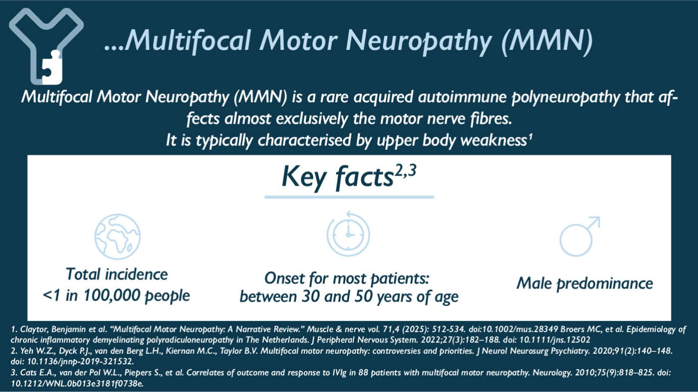Multifocal Motor Neuropathy (MMN) is a rare acquired autoimmune polyneuropathy that affects almost exclusively the motor nerve fibres. It is typically characterised by upper body weakness. Key Facts : - Total incidence is
